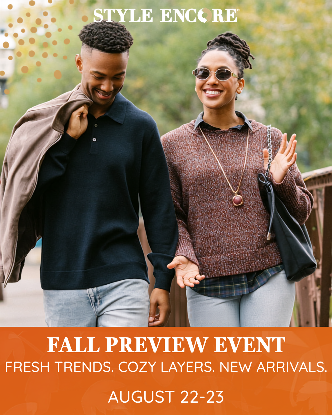fall preview flyer. man women walking together
